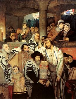 Tekening van Joden in een Synagoge