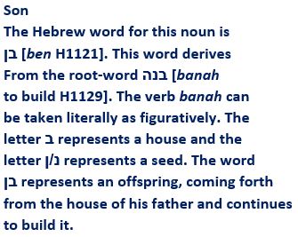 text: Son. The Hebrew word for this noun is בן [ben H1121]. This word derives from the rood-word בנה [banah to build H1129]. The verb banah can be taken literally as figuratively. The letter ב represents a house and the letter נ/ן represents a seed. The word בן represents an offspring, coming forth from the house of his father and continues to build it.