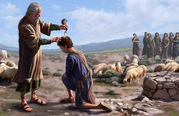 David wordt door Samuël gezalfd. Bron afbeelding: https://z3news.com/w/god-anoint-company-people-acts-1038-anointing/