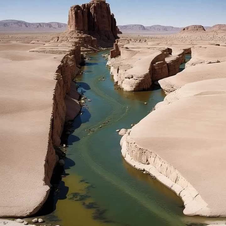 Een rivier in de woestijn, wat lijkt op een knielende en biddende man